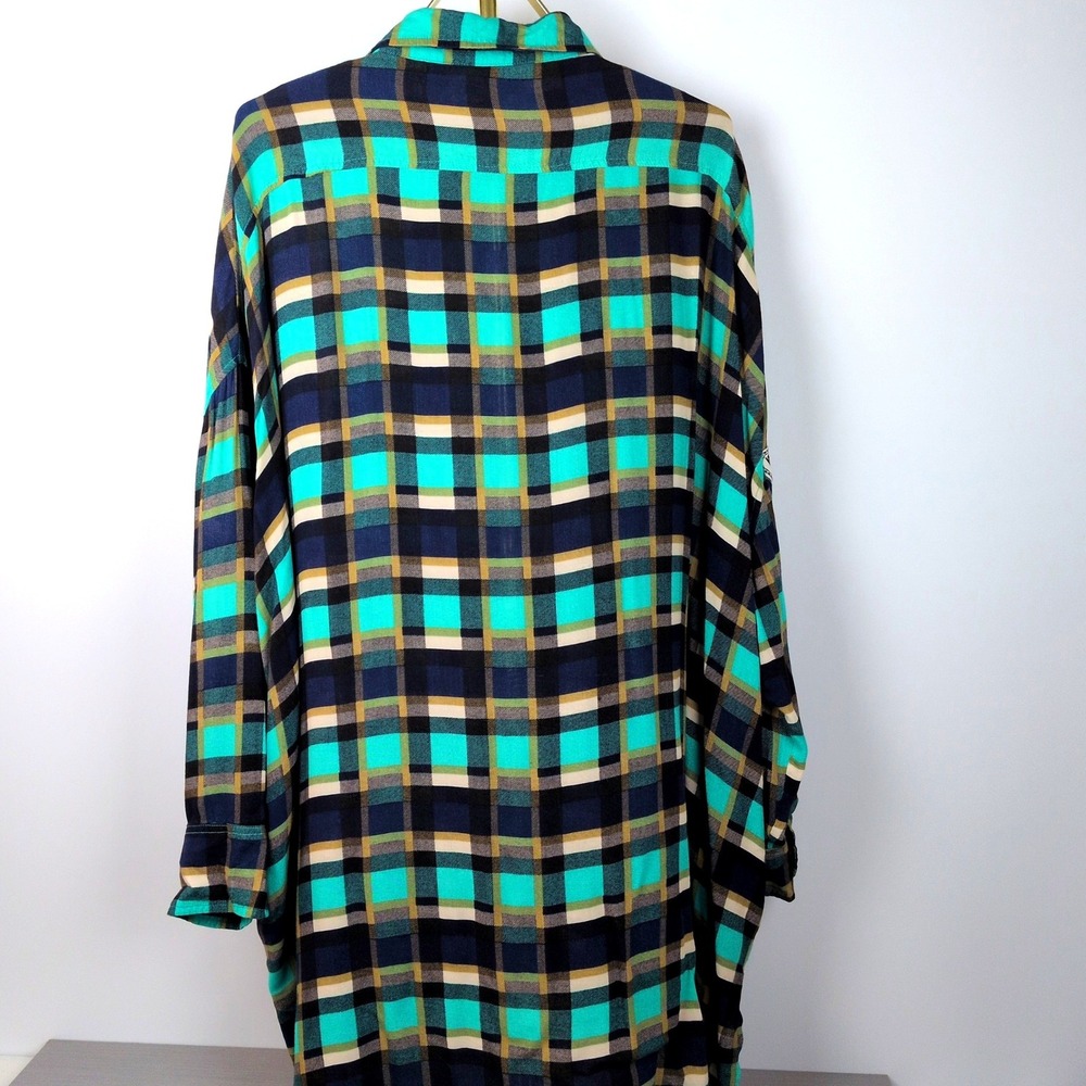 Umgee Women 1XL Tunic Shirt Teal Navy Plaid Oversized Patch High Low WA9865 - Picture 9 of 12